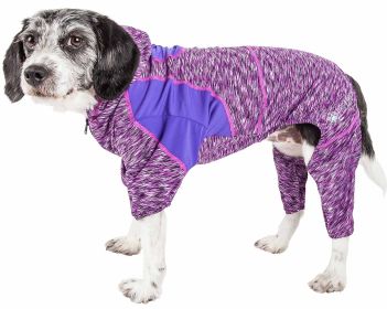 Pet Life Active 'Downward Dog' Heathered Performance 4-Way Stretch Two-Toned Full Body Warm Up Hoodie (Color: purple)