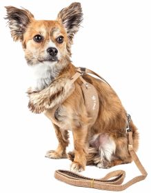 Pet Life Luxe 'Furracious' 2-In-1 Mesh Reversed Adjustable Dog Harness-Leash W/ Removable Fur Collar (Color: Khaki)