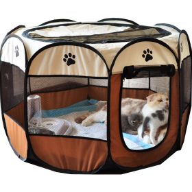 Folding Dog House Octagonal Cage Pet Cage Portable Pet Tent Large Dogs House (Color: Brown)